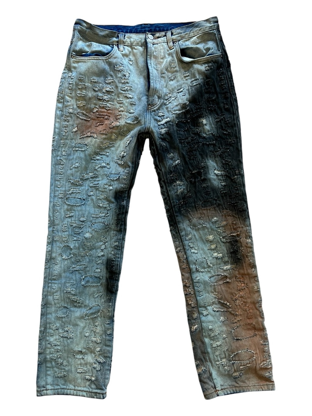 MNML distressed Men's Blue Wash Jeans with Brown Fade